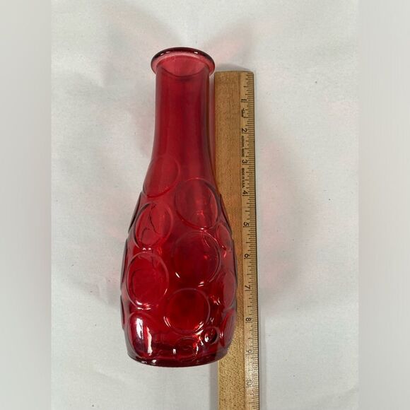 DPS Circles 8 1/2" Round Bubbles Ruby Red Glass Bud Vase Home Decor Vintage - Picture 4 of 10